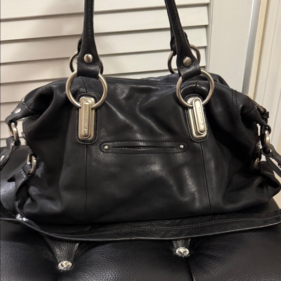 b. makowsky Black Leather Satchel with Silver Accents GUC - Picture 4 of 8
